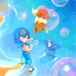  1girl bangs blue_hair blue_pants blurry blush bubble closed_eyes commentary eevee gen_1_pokemon gen_7_pokemon hairband hands_up lana_(pokemon) mootecky open_mouth pants pokemon pokemon_(anime) pokemon_(creature) pokemon_sm_(anime) popplio sailor_collar sandals shirt short_hair signature smile sparkle standing starter_pokemon white_shirt yellow_hairband |d 