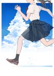  1girl arm_up black_footwear black_hair black_skirt blouse blue_sky brown_footwear clouds head_out_of_frame highres kko_(um7mr) loafers medium_skirt original pleated_skirt ponytail red_neckwear running school_uniform shoes skirt sky socks solo white_blouse 