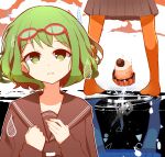  1girl absurdres black_collar black_shirt black_skirt collar collared_shirt commentary dessert eyewear_on_head food green_eyes green_hair gumi hands_on_own_chest hands_up highres jar mont_blanc_(food) multiple_views orange_legwear pachio_(patioglass) parted_lips red-framed_eyewear sailor_collar school_uniform scissors serafuku shirt short_hair skirt vocaloid water_drop yowamushi_mont-blanc_(vocaloid) 