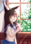  1girl alternate_costume animal_ears azur_lane bangs black_hair blue_skirt blunt_bangs commentary_request contemporary cup dappled_sunlight drinking_straw eyebrows_visible_through_hair fox_ears head_tilt holding holding_cup long_hair looking_at_viewer m_ko_(maxft2) midriff milk_tea nagato_(azur_lane) navel pleated_skirt school_uniform serafuku sidelocks skirt smile solo sunlight window yellow_eyes 