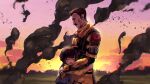  1boy 1girl apex_legends bangs black_hair bossan_3310 brown_eyes eyebrows_visible_through_hair facial_hair father_and_daughter hair_behind_ear highres mustache pilot_suit scarf short_hair sky smoke sunset titanfall_(series) titanfall_2 valkyrie_(apex_legends) viper_(titanfall_2) yellow_scarf younger 