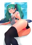  1girl absurdres aqua_hair bangs blue_eyes breasts eyebrows_visible_through_hair hair_behind_ear hatsune_miku highres leotard long_hair looking_at_viewer lying medium_breasts on_side parted_lips solo thigh-highs twintails vocaloid weol_siki 
