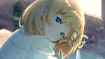  1girl bangs blonde_hair blue_eyes blush commentary_request english_text eyebrows_visible_through_hair faucet hair_ornament highres hololive hololive_english jl_tan long_sleeves looking_at_viewer monocle_hair_ornament shirt sink sky solo virtual_youtuber water watson_amelia white_shirt 