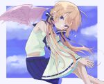  1girl absurdres ahoge angel_wings asymmetrical_wings bat_wings blonde_hair blue_eyes blue_skirt blue_sky bow closed_mouth commentary_request detached_sleeves eyebrows_visible_through_hair feathered_wings feet_out_of_frame flying hair_between_eyes hair_bow hair_ribbon head_tilt highres hikap long_hair looking_at_viewer low_twintails miniskirt mismatched_wings pleated_skirt ribbon sailor_collar sailor_shirt school_uniform serafuku shirt skirt sky sleeveless solo surprised twintails white_shirt wide_sleeves wings 