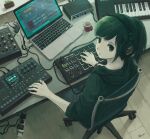  1girl at_computer audio_sequencer black_eyes black_hair chair computer cup desk from_above headphones instrument kensight328 keyboard_(instrument) laptop looking_at_viewer mole mole_under_eye mug original ponytail power_strip shadow signature sitting solo 