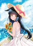  1girl alternate_costume animal_ears azur_lane bangs beach black_hair blue_sky blunt_bangs blurry carrying casual clouds cloudy_sky commentary_request contemporary depth_of_field dress eyebrows_visible_through_hair flower fox_ears from_behind hat horizon long_hair looking_at_viewer looking_to_the_side m_ko_(maxft2) nagato_(azur_lane) ocean sidelocks sky smile solo straw_hat sunflower white_dress yellow_eyes 