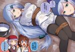  3girls aqua_eyes aqua_ribbon arm_behind_head arm_up arms_behind_back bandana bangs black_legwear blue_eyes blush bound bound_legs bound_torso bow breasts brown_hair brown_vest buttons chibi chibi_inset collared_shirt commentary_request epaulettes eyebrows_visible_through_hair feet_out_of_frame frown hair_between_eyes hair_bow hair_ribbon hand_up hat hat_removed headwear_removed high_ponytail idolmaster idolmaster_million_live! idolmaster_million_live!_theater_days jacket kamille_(vcx68) knees_together_feet_apart legwear_under_shorts long_hair long_sleeves looking_at_viewer low-tied_long_hair lying makabe_mizuki medium_breasts military military_uniform multiple_girls naval_uniform no_mouth no_pupils off-shoulder_shirt off_shoulder on_back on_floor open_mouth outdoors pantyhose peaked_cap pirate_hat ponytail purple_hair rain red_bandana red_bow ribbon rope satake_minako see-through shiraishi_tsumugi shirt short_hair shorts silver_hair sparkle speech_bubble translation_request uniform very_long_hair vest water_drop wet wet_clothes wet_floor wet_hair white_headwear white_jacket white_shirt white_shorts wooden_floor yellow_eyes 