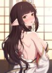  1girl back backless_outfit bangs bare_shoulders black_hair blurry blurry_background blush breasts brown_eyes commentary_request depth_of_field eyebrows_visible_through_hair from_behind hair_ornament highres japanese_clothes kimono long_hair looking_at_viewer looking_back medium_breasts minoto monster_hunter_(series) monster_hunter_rise nose_blush pointy_ears revision sideboob solo tongue tongue_out uneg very_long_hair white_kimono wide_sleeves 