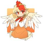  1girl animal_on_head bird bird_on_head blonde_hair chick commentary_request cropped_legs dress feathered_wings hands_up ini_(inunabe00) looking_at_viewer multicolored_hair niwatari_kutaka on_head orange_background orange_dress red_eyes red_neckwear redhead short_hair short_sleeves smile solo touhou two-tone_hair upper_body wings 