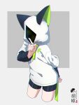  1girl animal_ears animal_hood bike_shorts black_shorts commentary_request cropped_legs drawstring fake_animal_ears finger_to_mouth grey_background hand_up highres hood hood_up hoodie kuro_kosyou long_sleeves original short_over_long_sleeves short_shorts short_sleeves shorts shushing solo two-tone_background white_hoodie 