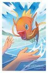  1other artist_name border clouds commentary day english_commentary fish gen_1_pokemon magikarp mootecky open_mouth outdoors outstretched_hand pokemon pokemon_(creature) sky sparkle tongue water water_drop white_border 