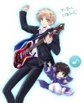  2boys :d axis_powers_hetalia bangs black_jacket black_pants blonde_hair blue_kimono blue_neckwear brown_eyes brown_hair chibi closed_mouth collared_shirt commentary_request electric_guitar feet_out_of_frame full_body green_eyes guitar headphones holding holding_instrument instrument jacket japan_(hetalia) japanese_clothes kimono looking_at_viewer male_focus multiple_boys music musical_note necktie open_mouth pants playing_instrument shirt short_hair simple_background smile spoken_musical_note suruga_kasune thick_eyebrows translation_request united_kingdom_(hetalia) white_background white_pants white_shirt 