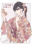  1girl beige_background black_hair bow compact_(cosmetics) floral_print framed grey_eyes hair_ornament hands_up highres japanese_clothes kimono kko_(um7mr) long_hair obi original ponytail red_lipstick_tube sash solo striped striped_bow upper_body white_background x_hair_ornament 