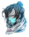  1girl apex_legends bangs blue_eyes copyright_name floating_hair hair_behind_ear hair_bun head_only highres mask mouth_mask mozuwaka scarf solo spot_color v-shaped_eyebrows white_background wraith_(apex_legends) 