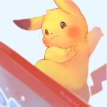  :3 blurry blush closed_mouth commentary english_commentary from_below gen_1_pokemon mootecky no_humans pikachu pokemon pokemon_(creature) signature smile solo surfboard surfing water water_drop yellow_fur 