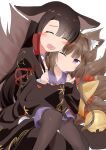  2girls :d ^_^ ^o^ akagi_(azur_lane) amagi-chan_(azur_lane) animal_ears azur_lane bangs bell black_gloves black_hair black_legwear brown_hair cheek-to-cheek closed_eyes collarbone commentary_request ear_down eyebrows_visible_through_hair eyeshadow fingerless_gloves fox_ears fox_girl fox_tail gloves hair_tubes head_tilt heart heart_in_mouth height_difference hug hug_from_behind japanese_clothes kyuubi long_hair makeup multiple_girls multiple_tails off-shoulder_kimono off_shoulder one_eye_closed open_mouth pantyhose sidelocks sitting sitting_on_lap sitting_on_person smile tail toro_yurei twintails violet_eyes white_background wide_sleeves 