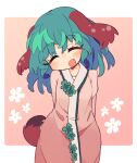  animal_ears arms_behind_back blush breasts closed_eyes commentary_request cowboy_shot dress facing_viewer fang green_hair head_tilt ini_(inunabe00) kasodani_kyouko medium_breasts open_mouth pink_background pink_dress skin_fang smile tail touhou 