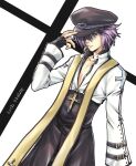  1boy adjusting_clothes adjusting_headwear archbishop_(ragnarok_online) bangs black_coat black_gloves black_headwear black_pants cabbie_hat character_name closed_mouth coat commentary_request cowboy_shot crop_top cross cross_necklace fingerless_gloves gloves grey_eyes hair_between_eyes hat jacket jewelry long_sleeves looking_afar male_focus necklace pants pince-nez purple_hair ragnarok_online short_hair solo suruga_kasune white_jacket 