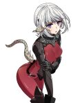  1girl au_ra bangs bodysuit breasts dragon_horns dragon_tail final_fantasy final_fantasy_xiv highres horns leaning_forward lili_mdoki scales short_hair small_breasts solo tail white_background white_hair 