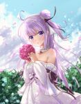  1girl ahoge azur_lane bangs bare_shoulders blurry bouquet choker collarbone commentary_request dappled_sunlight depth_of_field detached_sleeves dress eyebrows_visible_through_hair eyes_visible_through_hair flower hair_ribbon head_tilt holding holding_bouquet long_hair looking_at_viewer m_ko_(maxft2) off-shoulder_dress off_shoulder parted_lips petals ribbon sidelocks solo strapless strapless_dress sunlight unicorn_(a_dream_of_pure_vows)_(azur_lane) unicorn_(azur_lane) wedding_dress white_dress wind 