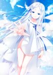  1girl absurdres blue_eyes blue_ribbon blue_sky chiutake_mina clouds collarbone commentary_request dress hair_ribbon highres legs long_hair looking_at_viewer pandora_(re:zero) re:zero_kara_hajimeru_isekai_seikatsu ribbon sky smile solo standing very_long_hair white_dress white_hair 