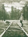  1girl black_eyes dog dog_walking gloves greyscale hand_in_pocket highres kensight328 long_sleeves monochrome original outdoors railroad_tracks shoes signature solo standing wide_shot winter_clothes 