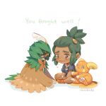  1boy alolan_form alolan_raichu artist_name black_shirt blush brown_eyes closed_mouth commentary crying dark_skin dark_skinned_male decidueye english_commentary floral_print frown gen_7_pokemon green_hair hau_(pokemon) male_focus mootecky orange_footwear orange_shorts pokemon pokemon_(anime) pokemon_(creature) pokemon_sm_(anime) raised_eyebrows shirt shoes short_ponytail shorts sitting tears white_background 