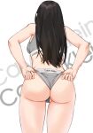  1girl adjusting_clothes adjusting_panties anti_(0324) ass back black_hair bra from_behind grey_bra grey_panties long_hair original panties simple_background solo sports_bra underwear white_background 