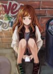  1girl bangs black_footwear blush brick_wall brown_eyes brown_hair full_body graffiti highres holding holding_phone knees_up long_hair original phone sero3eta shoes sitting solo trash_can 