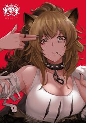  1girl absurdres animal_ear_fluff animal_ears arknights bandaged_arm bandages bangs black_nails blacklistcat breasts brown_hair chain choker finger_gun finger_gun_to_head fur_trim head_tilt highres in_mouth jacket large_breasts lion_ears lion_girl looking_at_viewer off_shoulder parted_lips red_background siege_(arknights) solo spiked_choker spikes 