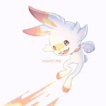  bandaid bandaid_on_nose brown_eyes commentary fang fire full_body gen_8_pokemon looking_down mootecky no_humans open_mouth paws pokemon pokemon_(creature) scorbunny signature solo starter_pokemon tongue white_background 