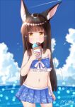  1girl alternate_costume animal_ears azur_lane bangs black_hair blue_sky blue_swimsuit blunt_bangs blurry clouds cloudy_sky collarbone commentary_request depth_of_field eyebrows_visible_through_hair food fox_ears holding ice_cream ice_cream_cone long_hair looking_at_viewer m_ko_(maxft2) midriff nagato_(azur_lane) navel ocean parted_lips pleated_skirt sidelocks signature skirt sky solo swimsuit yellow_eyes 