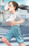  1girl blue_shorts blurry blurry_background blush bottle brown_hair closed_eyes commentary_request day from_side full_body hair_tie highres holding holding_bottle masuda_(yousaytwosin) midriff_peek navel open_mouth original outdoors pink_footwear plastic_bottle ponytail running shirt shirt_lift shoes short_sleeves shorts solo sound_effects sportswear steam sweat sweatdrop sweating_profusely tongue violet_eyes wet wet_clothes white_shirt 