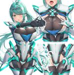  1girl absurdres bangs breasts chest_jewel covered_navel earrings gloves green_eyes green_hair highres jewelry large_breasts long_hair multiple_views nemunemu_semi one_eye_closed pneuma_(xenoblade) ponytail swept_bangs tiara tongue tongue_out very_long_hair xenoblade_chronicles_(series) xenoblade_chronicles_2 