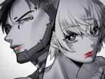  1boy 1girl apex_legends bangs crypto_(apex_legends) eyebrows_visible_through_hair lipstick lipstick_mark looking_down looking_up makeup monochrome mozuwaka parted_hair red_lips scar scar_on_arm scar_on_cheek scar_on_face short_hair spot_color undercut upper_body wattson_(apex_legends) 