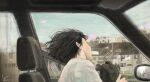  ambiguous_gender black_bag black_hair blue_sky building car_interior highres original rear-view_mirror road short_hair signature sky solo tree yureru_(junn7603) 