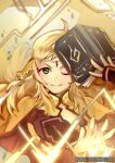  absurdres ahoge bangs blonde_hair bridal_gauntlets circlet closed_mouth fingerless_gloves fire_emblem fire_emblem_fates fire_emblem_heroes gloves grey_eyes highres holding holding_weapon light_rays long_hair looking_at_viewer ophelia_(fire_emblem) quirkidigital smile upper_body weapon 