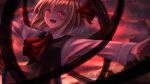  1girl :d absurdres arms_up ascot bangs black_skirt black_vest blonde_hair breasts clouds cloudy_sky commentary_request darkness eyebrows_visible_through_hair hair_between_eyes hair_ribbon highres long_sleeves looking_at_viewer open_mouth outdoors outstretched_arms red_eyes red_neckwear red_ribbon ribbon rumia shiranui_(wasuresateraito) short_hair skirt sky small_breasts smile solo touhou twilight vest 