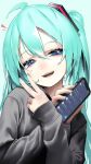  1girl ^^^ absurdres ahoge aqua_background aqua_hair aqua_nails bazurita_sanka_(vocaloid) blue_eyes cellphone commentary crossed_arms grey_hoodie hair_ornament half-closed_eyes hands_up hatsune_miku highres holding holding_phone hood hoodie lips looking_at_viewer nail_polish open_mouth phone ribbed_sleeves rsk_(tbhono) smartphone smile solo teeth translated twitter upper_body v vocaloid 