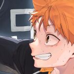  2boys bangs brown_eyes grin haikyuu!! hanjo hinata_shouyou kageyama_tobio looking_away male_focus multiple_boys orange_hair short_hair smile solo_focus sportswear sweat teeth upper_body volleyball_uniform 