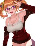  1girl :d bangs black-framed_eyewear blonde_hair blunt_bangs breasts commentary_request dragon_girl dragon_horns dragon_tail eyebrows_visible_through_hair glasses highres hololive horns jewelry kiryu_coco large_breasts looking_at_viewer multicolored_hair narushi_sasu official_alternate_costume open_mouth orange_hair pendant red_eyes short_hair simple_background smile solo streaked_hair tail twintails v virtual_youtuber white_background 
