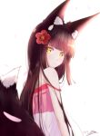  1girl animal_ears azur_lane bangs black_hair blunt_bangs commentary_request eyebrows_visible_through_hair flower fox_ears fox_girl fox_tail from_behind hair_flower hair_ornament long_hair looking_at_viewer looking_down m_ko_(maxft2) nagato_(azur_lane) nagato_(great_fox&#039;s_sleepwear)_(azur_lane) pajamas parted_lips petals sidelocks signature simple_background tail white_background yellow_eyes 