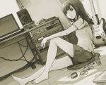  1girl bangs bare_legs barefoot black_hair can computer greyscale guitar indoors instrument kensight328 keyboard_(instrument) knee_up long_hair monochrome original shadow shirt short_sleeves shorts sitting solo speaker white_shirt 