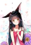  1girl alternate_costume animal_ears azur_lane babydoll bangs black_hair blunt_bangs casual clenched_hand collarbone commentary_request eyebrows_visible_through_hair eyes_visible_through_hair floral_background flower fox_ears head_tilt long_hair looking_at_viewer m_ko_(maxft2) nagato_(azur_lane) petals sidelocks signature solo yellow_eyes 