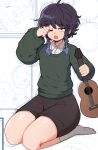  1boy androgynous bangs black_hair black_shorts blue_hair braid eyebrows_visible_through_hair full_body genshin_impact gradient_hair green_sweater guitar hand_up holding holding_instrument instrument looking_at_viewer male_focus ms_pigtails multicolored_hair one_eye_closed seiza shirt shorts sitting socks solo sweater thick_thighs thighs twin_braids venti_(genshin_impact) white_legwear white_shirt 