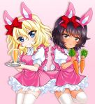  alternate_costume andou_(girls_und_panzer) animal_ears bangs black_eyes black_hair blonde_hair blue_eyes bow brown_eyes carrot carrot_juice closed_mouth commentary_request cup dark-skinned_female dark_skin dress drinking_glass drinking_straw easter eyebrows_visible_through_hair fake_animal_ears fake_tail food frilled_dress frills girls_und_panzer hair_bow holding holding_food holding_tray holding_vegetable kuromori_yako leg_up looking_at_viewer medium_hair messy_hair oshida_(girls_und_panzer) pink_background pink_dress puffy_short_sleeves puffy_sleeves rabbit_ears rabbit_tail red_bow shadow short_dress short_sleeves side-by-side smile standing standing_on_one_leg tail tray vegetable 
