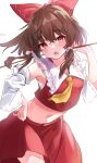  1girl :o armpits azuma_hiryu bow brown_eyes brown_hair commentary_request detached_sleeves hair_bow hair_tubes hakurei_reimu hand_on_hip highres holding holding_stick leaning_forward looking_at_viewer midriff navel neckerchief nontraditional_miko open_mouth red_bow red_shirt red_skirt sarashi shirt sidelocks simple_background skirt solo stick touhou white_background white_sleeves yellow_neckwear 