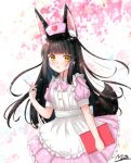  1girl alternate_costume animal_ears azur_lane bangs black_hair blunt_bangs blurry bow bowtie commentary_request depth_of_field eyebrows_visible_through_hair eyes_visible_through_hair fox_ears fox_girl fox_tail hat holding holding_syringe long_hair looking_at_viewer m_ko_(maxft2) nagato_(azur_lane) nurse nurse_cap parted_lips sidelocks signature solo syringe tail yellow_eyes 