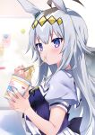  1girl :t absurdres ahoge animal_ears bangs blue_eyes blue_shirt blush chopsticks closed_mouth commentary_request cup disposable_cup eating eyebrows_visible_through_hair food grey_hair highres holding holding_chopsticks holding_cup horse_ears kurimochi_chizuru long_hair noodles oguri_cap_(umamusume) pleated_skirt puffy_short_sleeves puffy_sleeves ramen school_uniform shirt short_sleeves skirt solo tracen_school_uniform umamusume upper_body very_long_hair white_skirt 