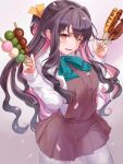  1girl black_hair blouse blue_ribbon bow bowtie breasts cherry_blossoms corn_dog cowboy_shot dango dress em_s food gradient gradient_background grey_legwear hair_down halterneck highres holding holding_food ikayaki kantai_collection large_breasts long_hair looking_at_viewer multicolored_hair naganami_(kancolle) neck_ribbon one_eye_closed pantyhose petals pink_background pink_hair ribbon shirt sleeveless solo squid two-tone_hair wagashi wavy_hair white_blouse white_shirt 